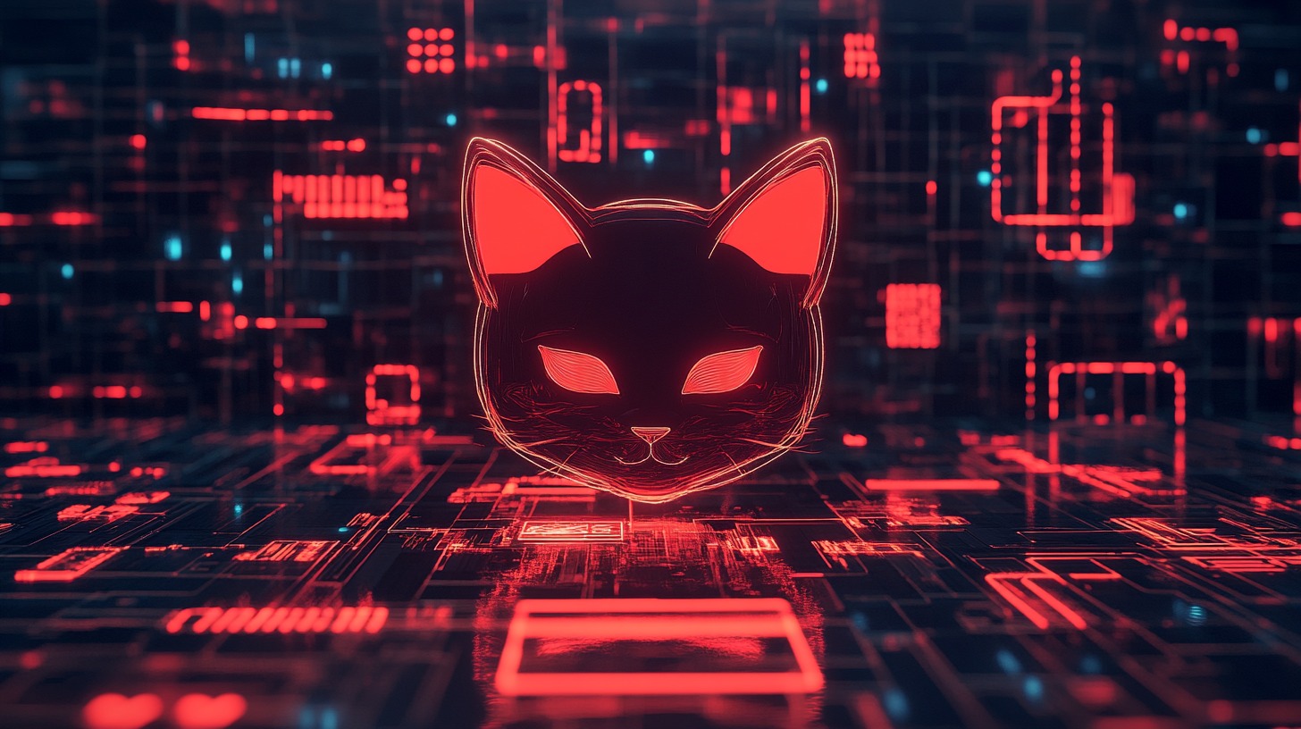 Digital representation of a cat's face in red neon against a dark, circuit-like background, symbolizing safety in technology