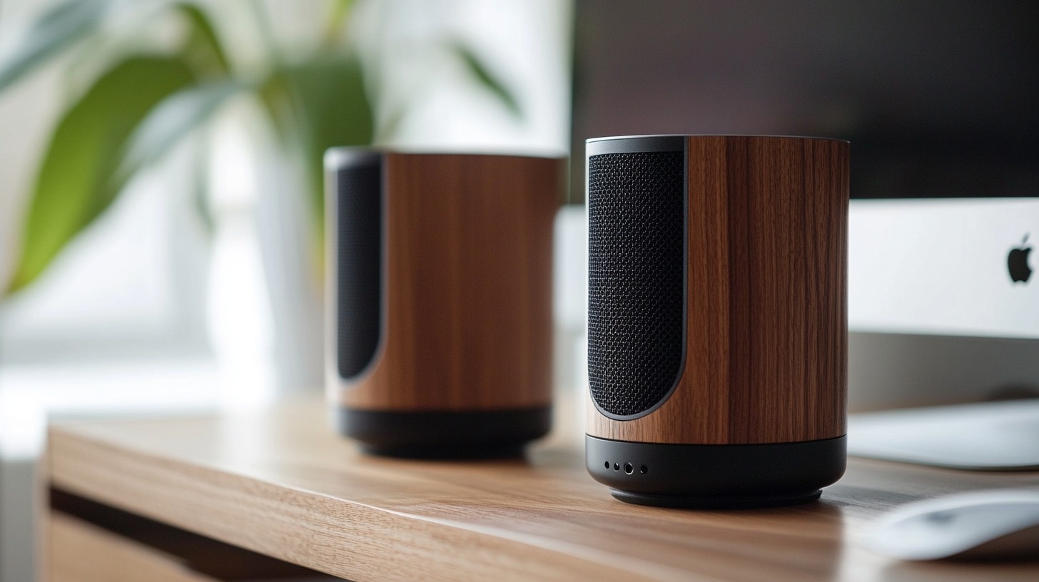 Close-up view of two sleek wooden PC speakers placed on a wooden desk, with a blurred background of a computer monitor