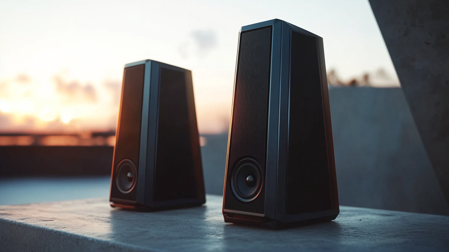 Two sleek black speakers placed on a concrete surface, with a sunset in the background, showcasing their elegant design