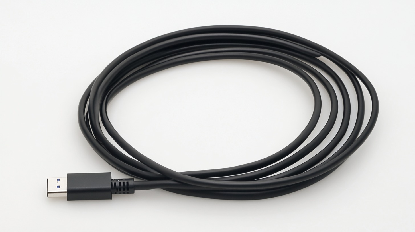 close-up image of a black USB cable, coiled neatly, showcasing the USB-A connector at one end