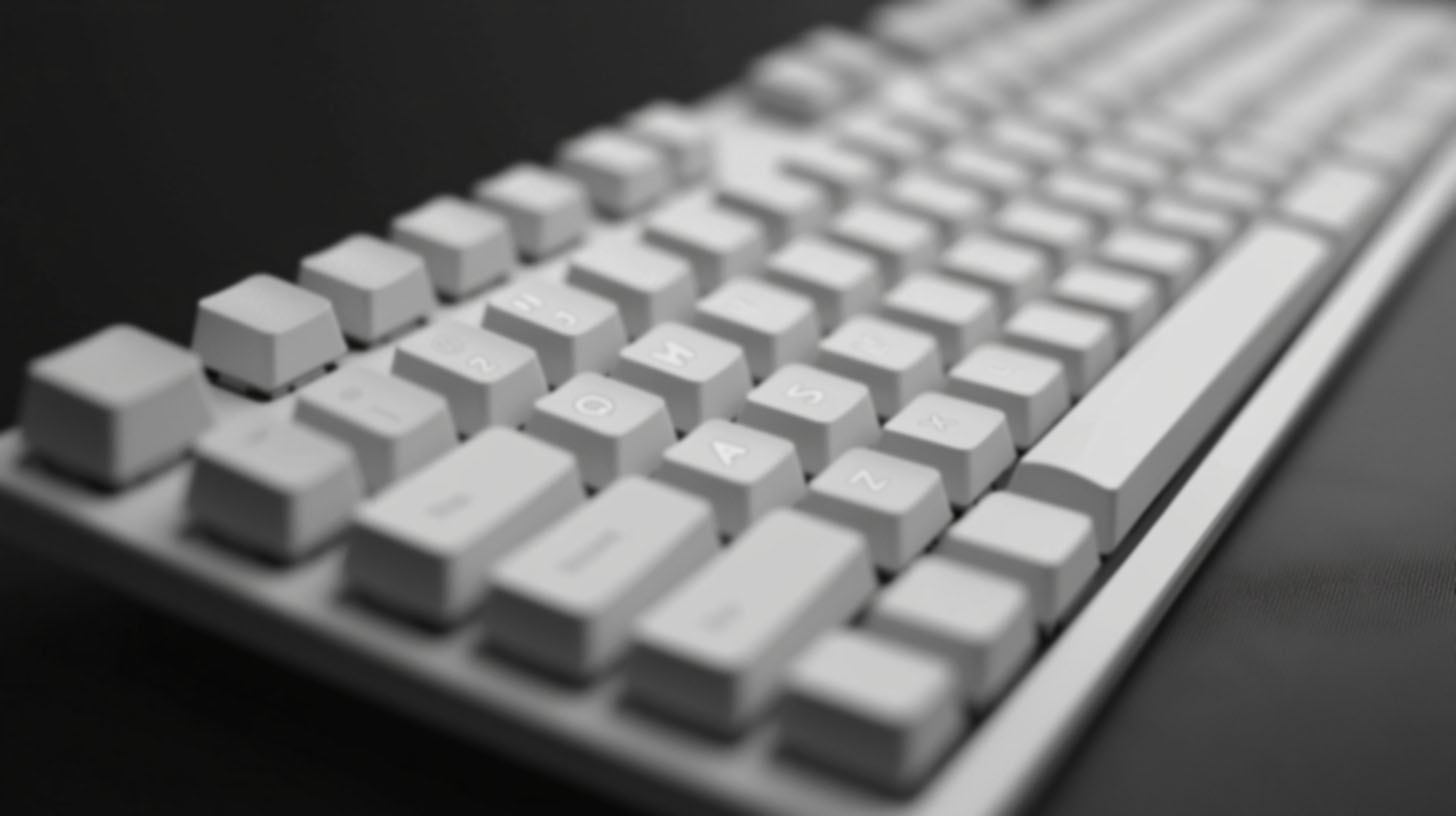 A close-up of a white mechanical keyboard with a blurred background