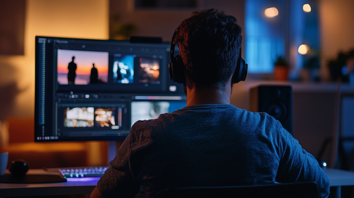 A video editor wearing headphones working on a dual-monitor setup in a dimly lit room, adjusting footage in editing software