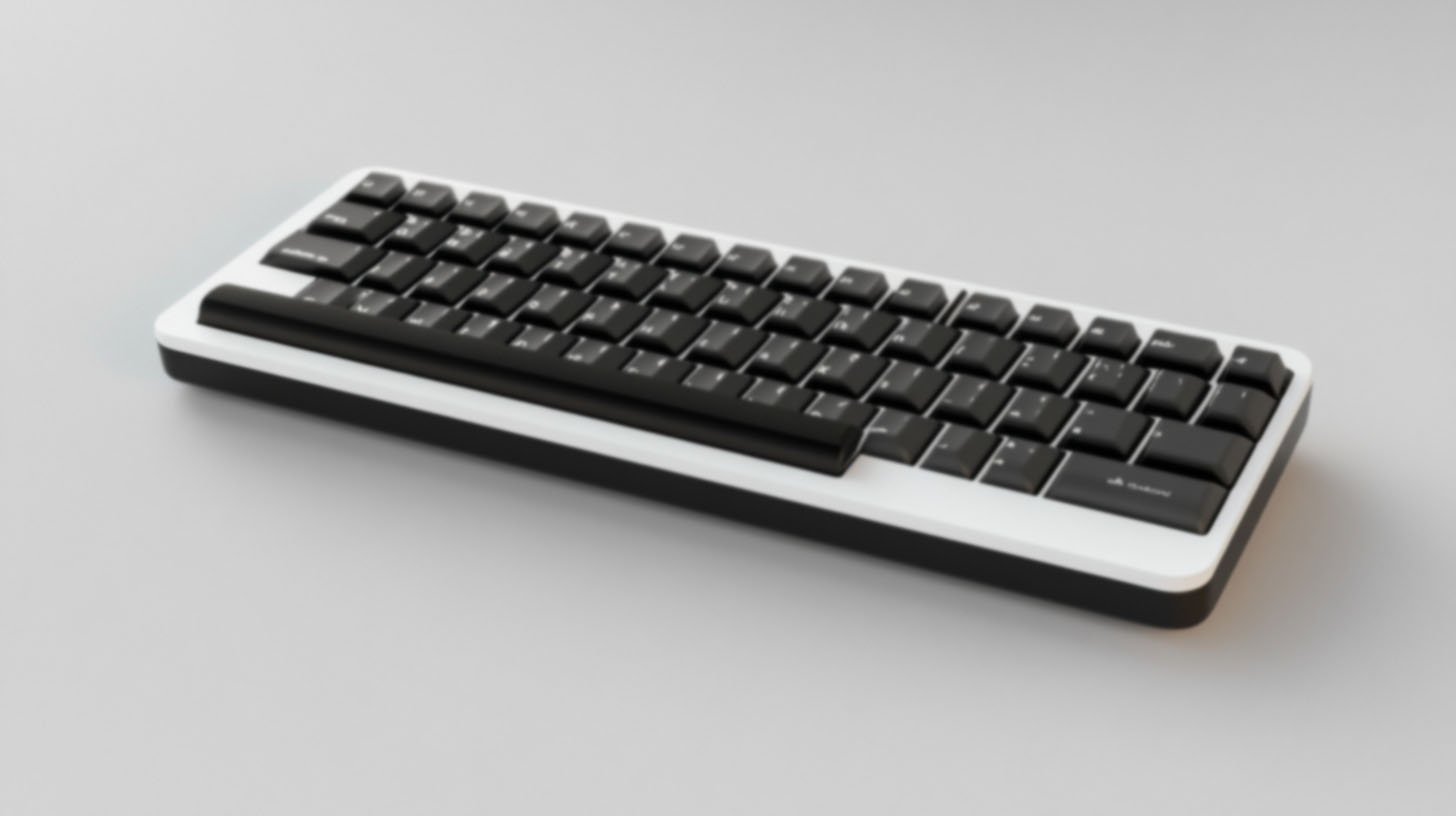 A modern compact mechanical keyboard with black keycaps and a white frame, placed on a clean, light-colored surface